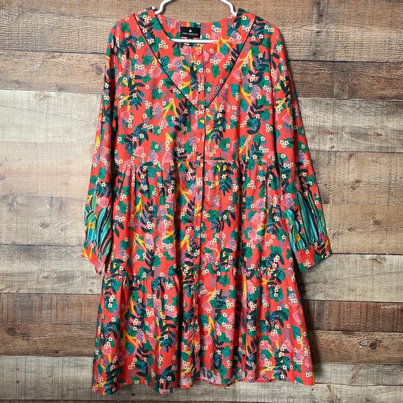 NEW Emily Lovelock Button Front Long Sleeve Dress Floral Cactus Size Large 8 10 - Picture 2 of 11
